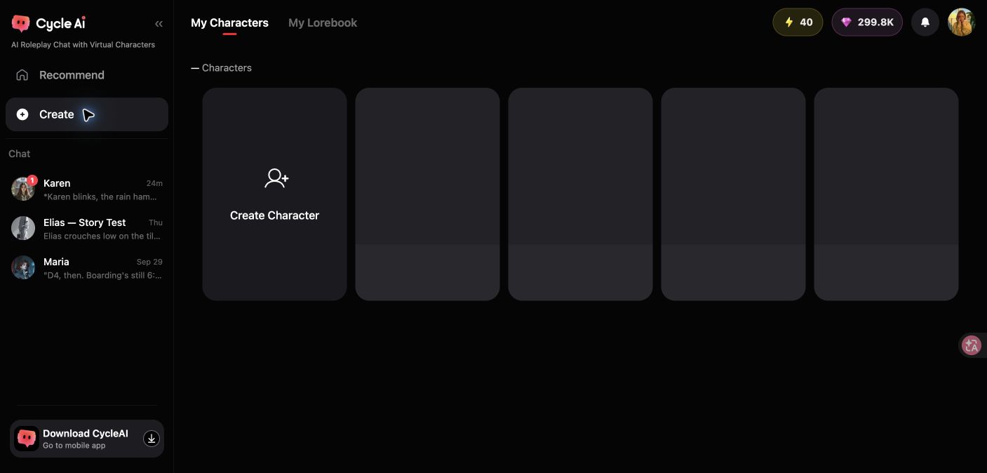 Creator Studio showing the Create Character entry