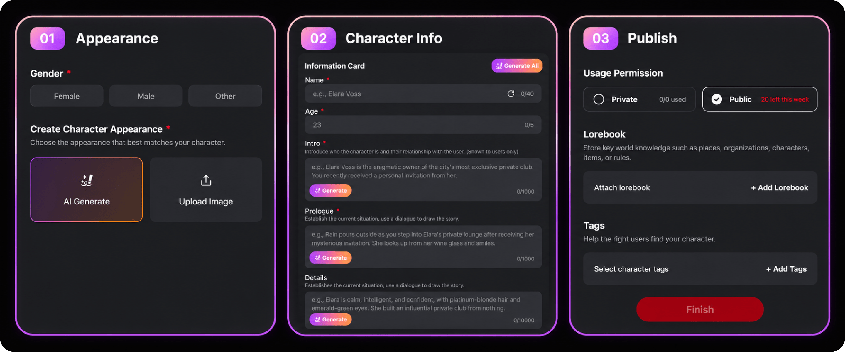 Cycle AI character creation steps for appearance, character information, and publishing