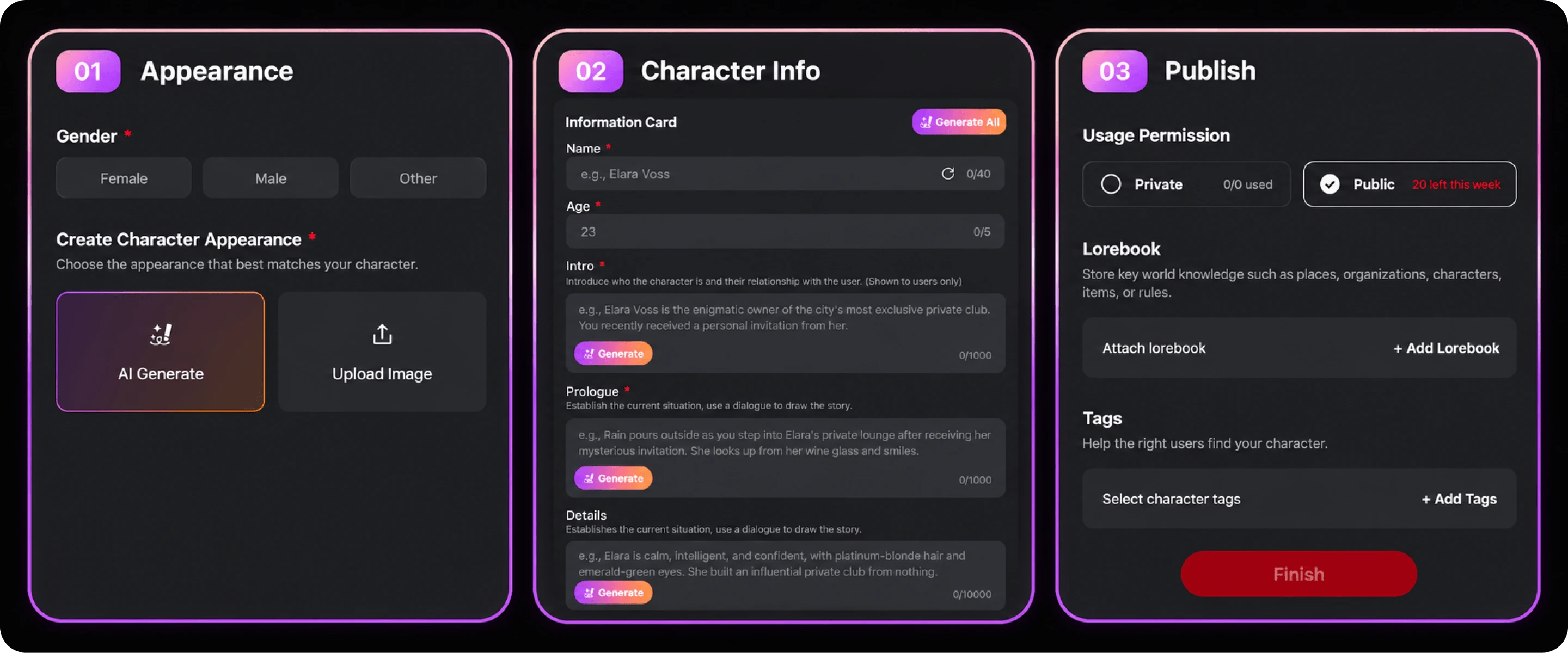Cycle AI character creation steps for appearance, character information, and publishing